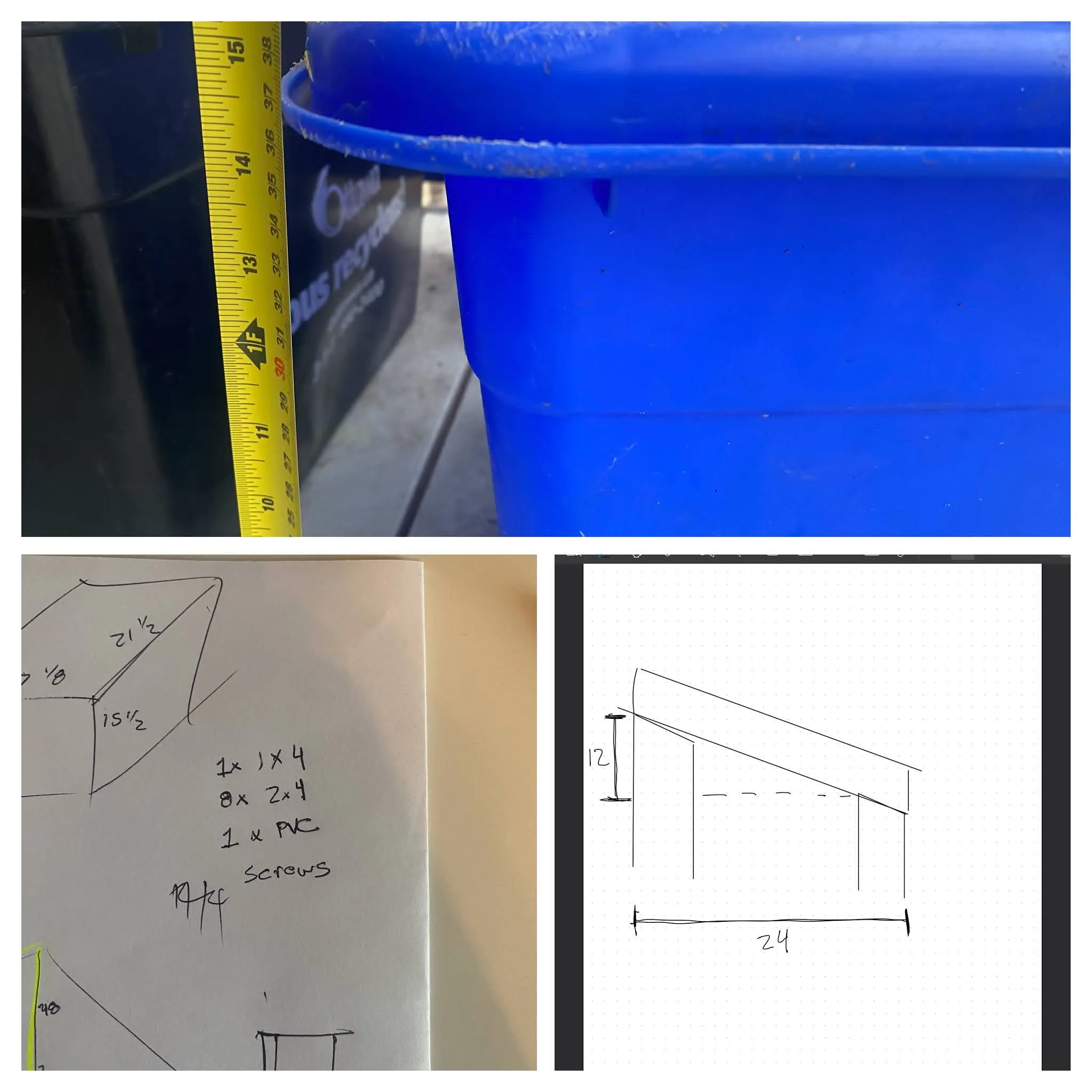 Measurements and sketches for the stacked recycling bin shelf