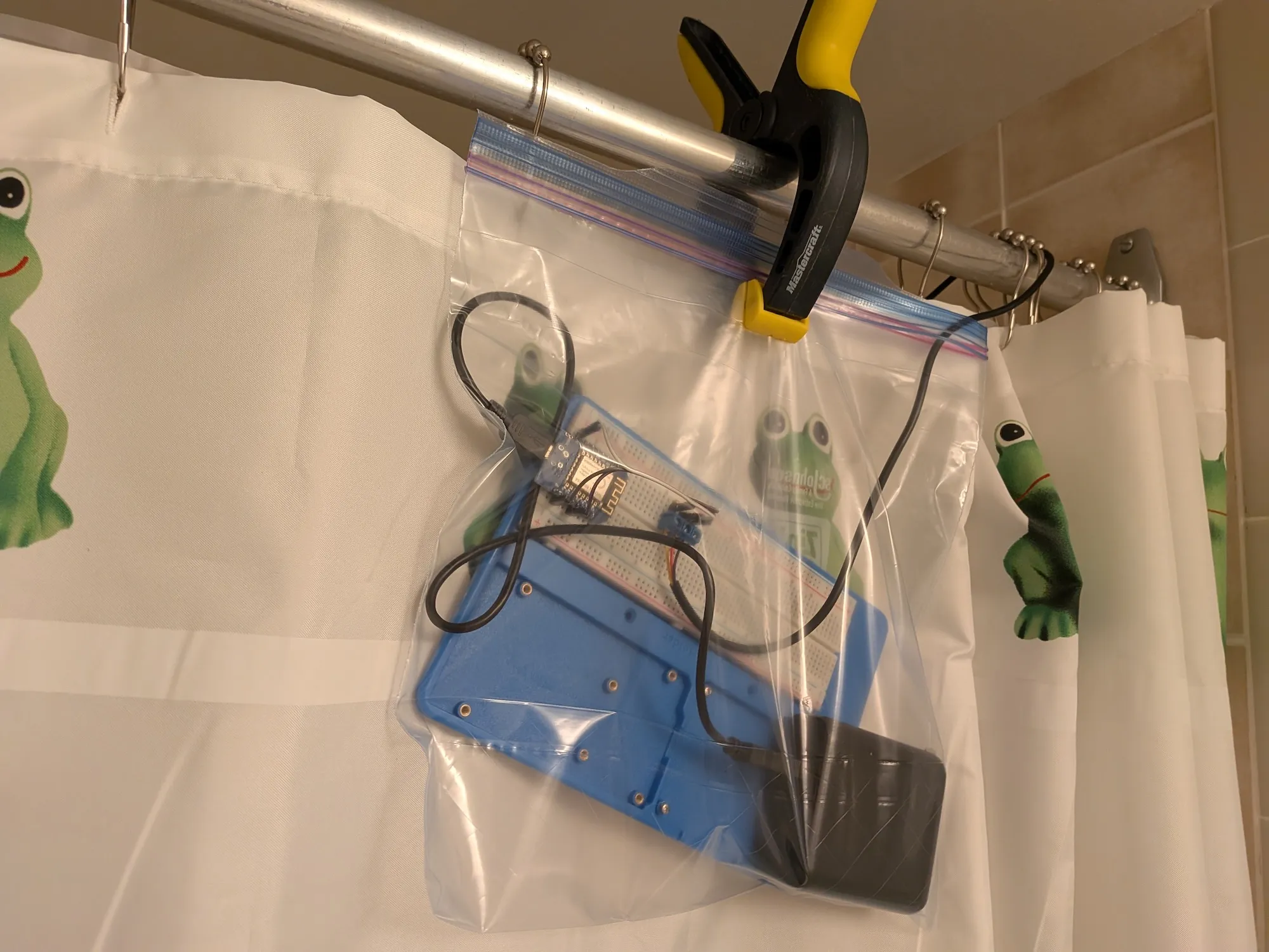 Image of breadboard in bag outside shower